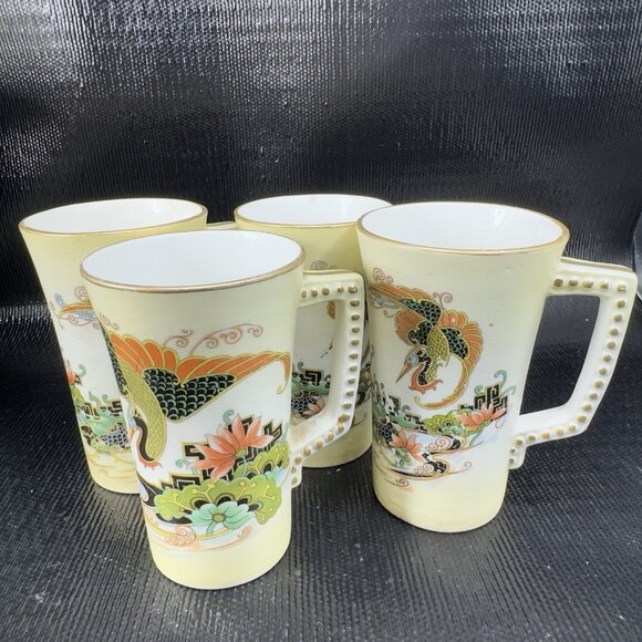 Usona Goodwin Edwardian Asian Phoenix Ho Bird Lotus Flower Mugs Cups Set 4 VTG - Picture 1 of 15